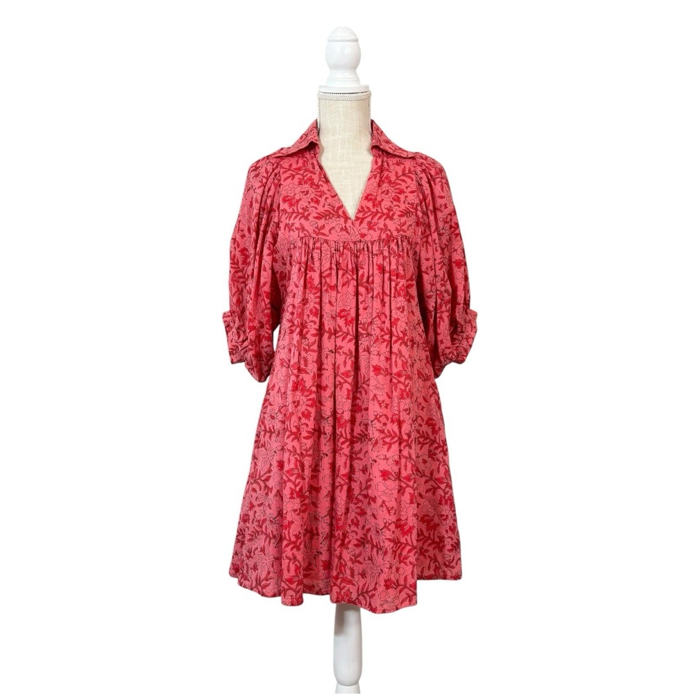 Saule Parc Babydoll Dress Sz XS Floral Puff Sleeve Cotton Cottage Lined Pockets
